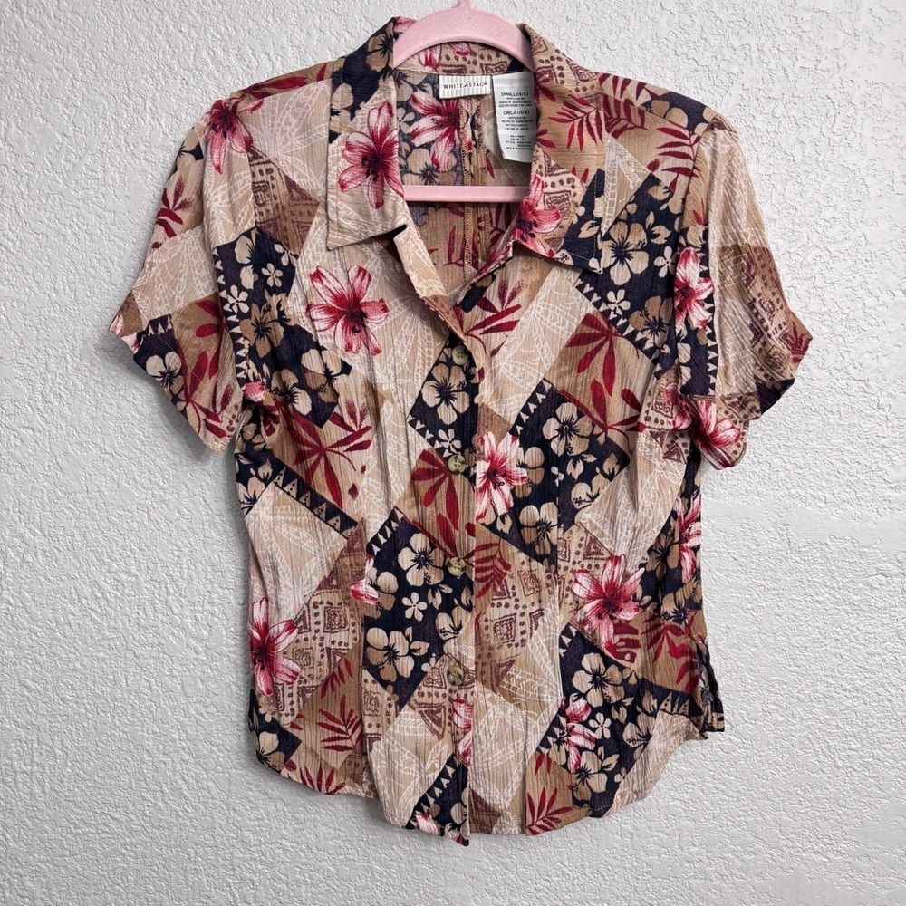 Vintage White Stag Open-Back Floral Short Sleeve Blouse Size S (4-6)